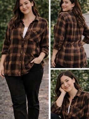 Terra & Sky Brown and Black Plaid Button-Down Shirt